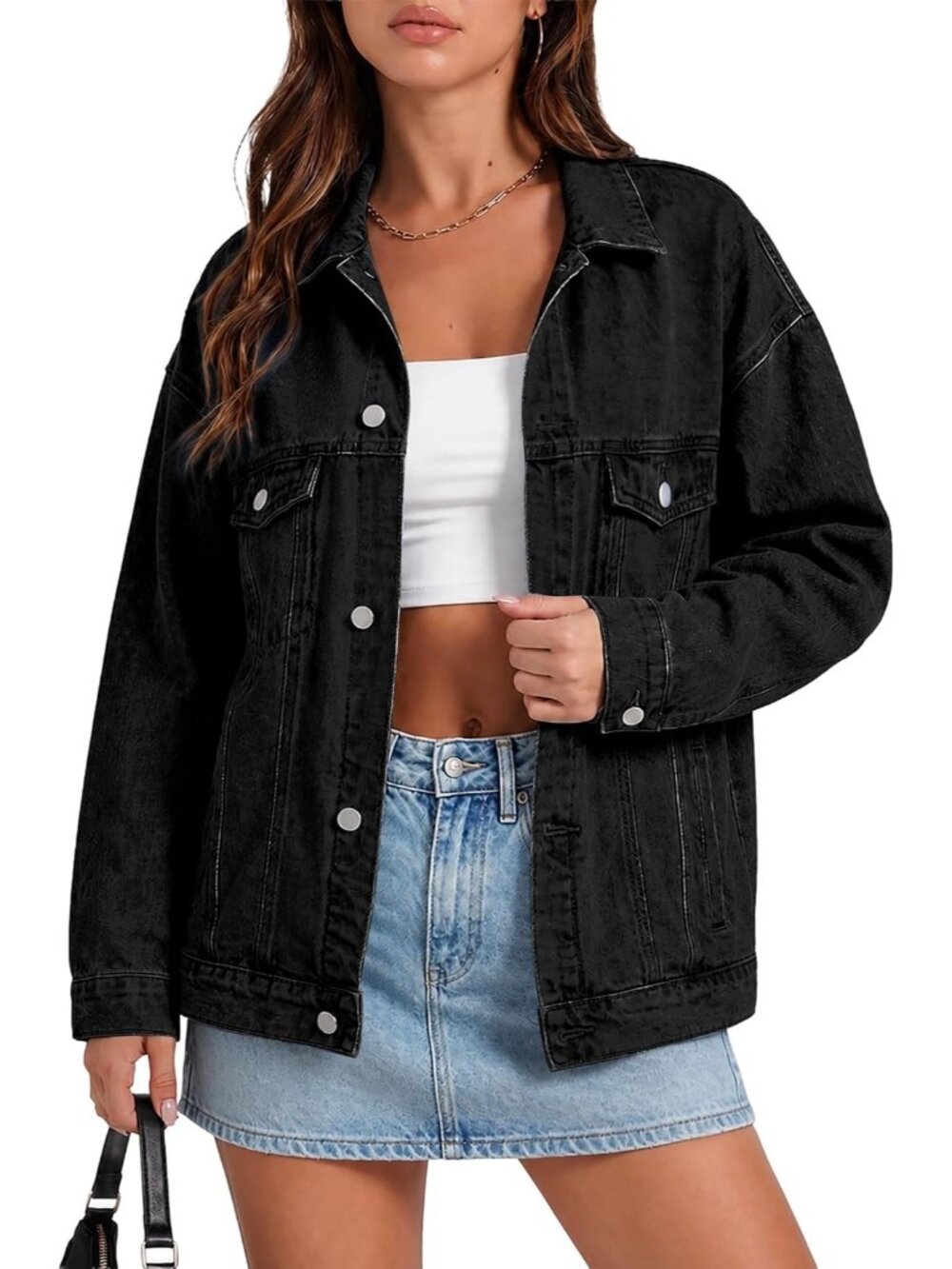 Women’s Black Oversized Denim Jacket Button Down Boyfriend Style Pockets